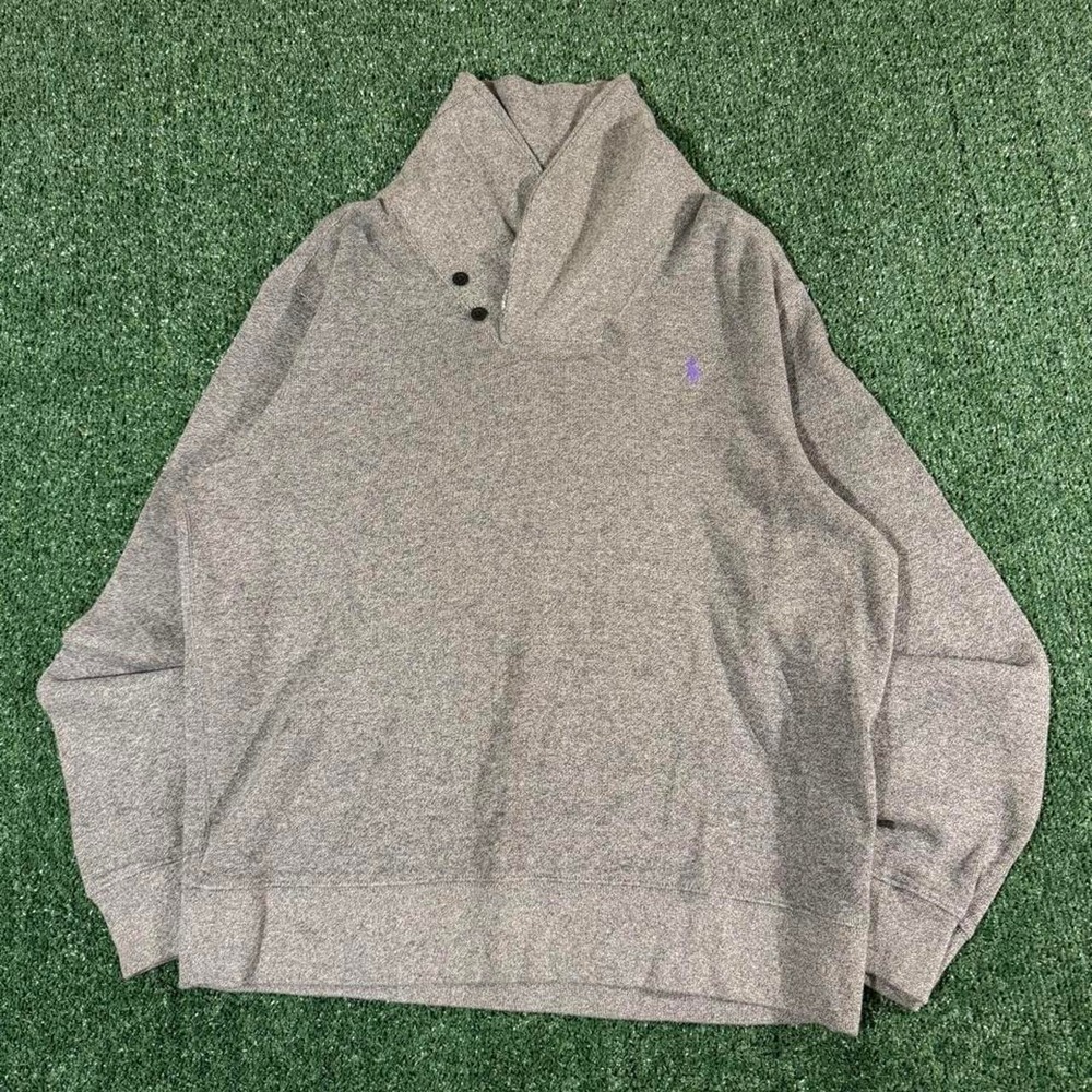 Polo Ralph Lauren Gray Shawl Collar Pullover Sweater XL Purple Pony Logo